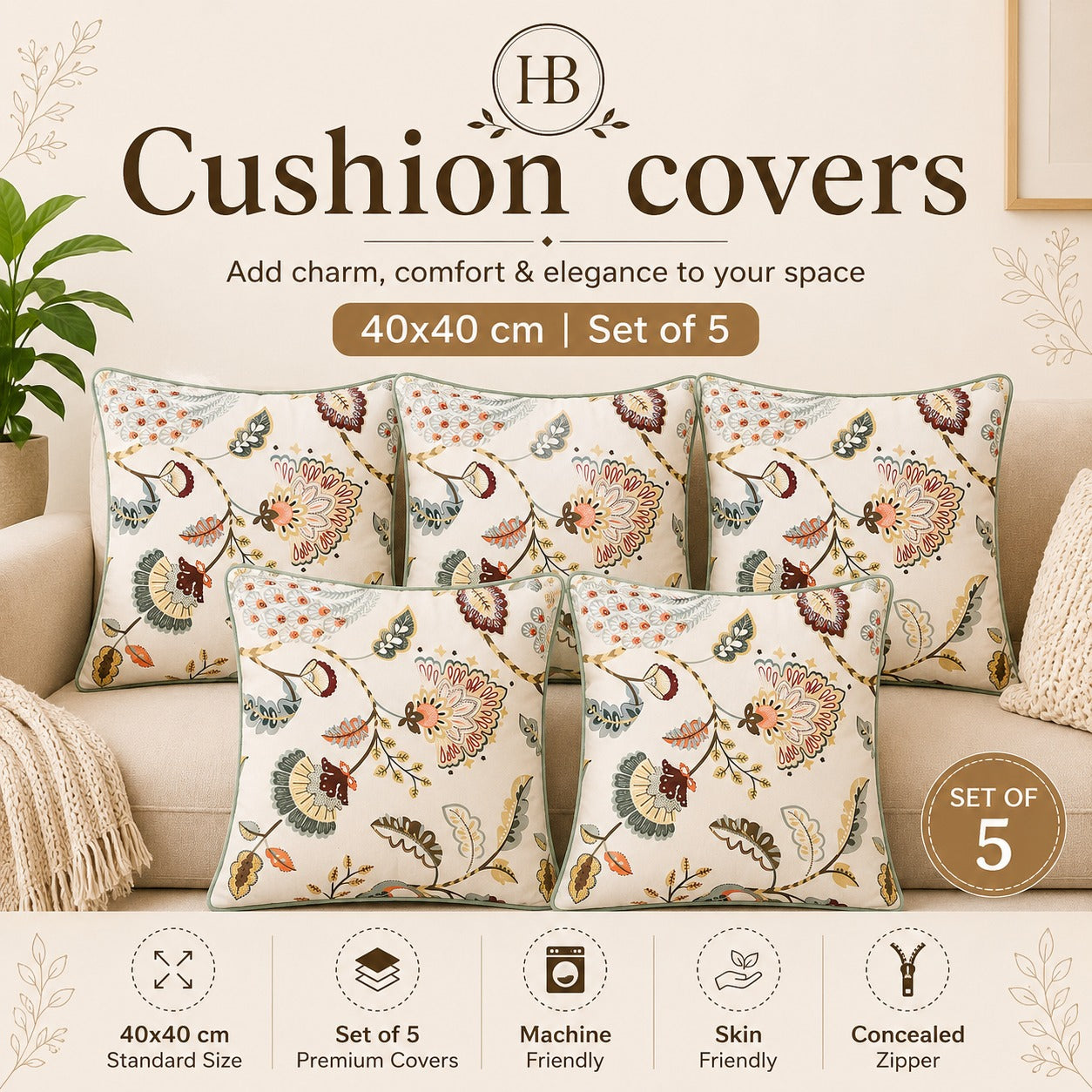 Premium Cushion Cover Set -(40×40 cm) Set of 5