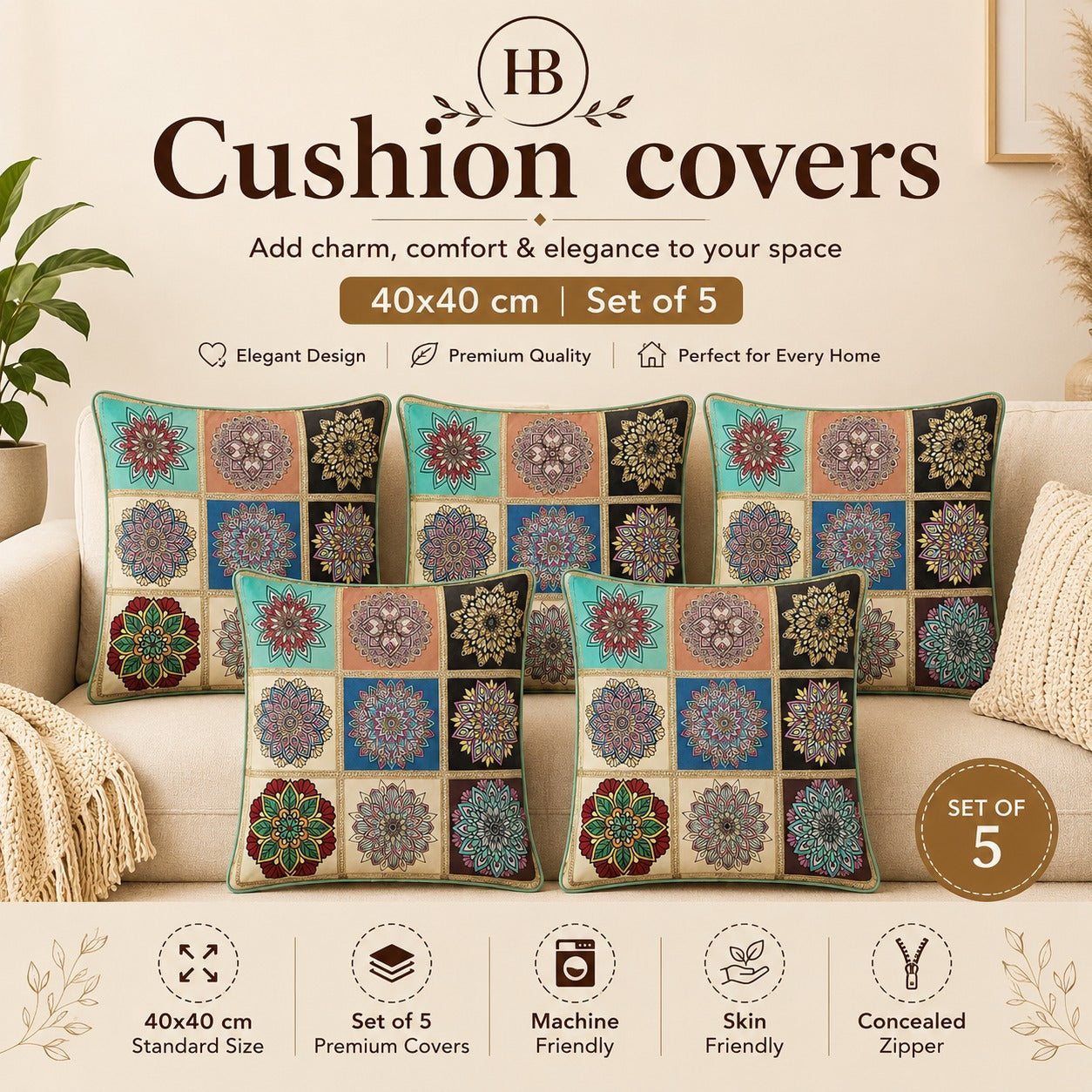 Premium Cushion Cover Set -(40×40 cm) Set of 5