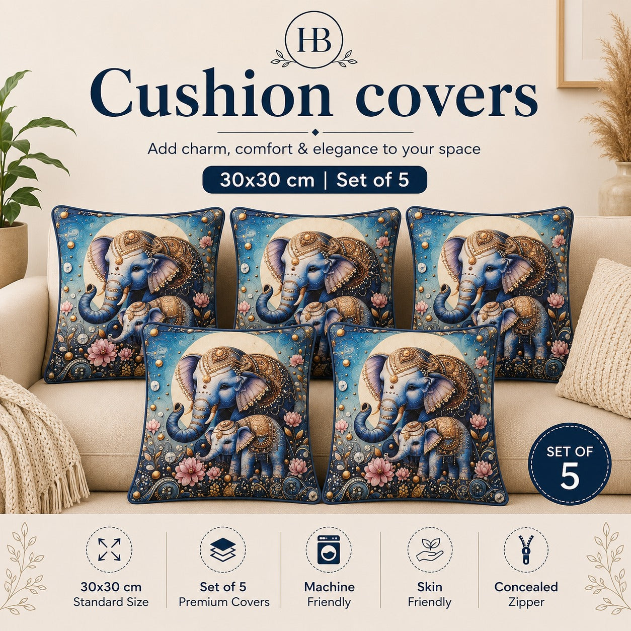 Premium Cotton Cushion Cover Set – 30×30 cm (Set of 5)