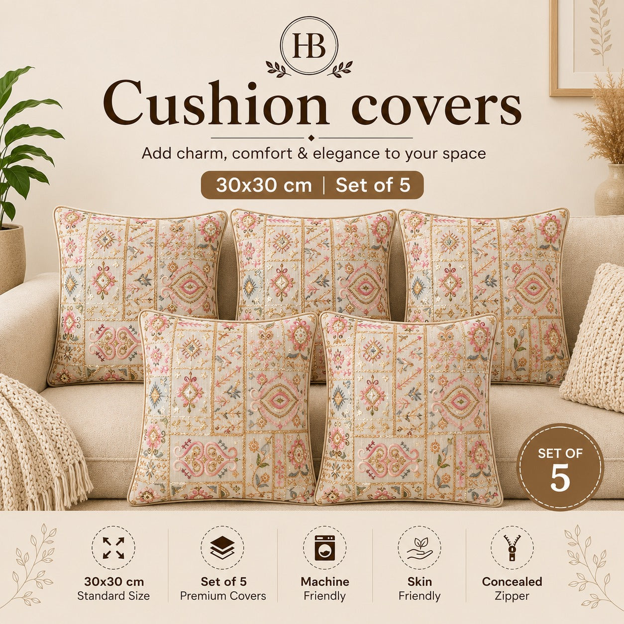Premium Cotton Cushion Cover Set – 30×30 cm (Set of 5)