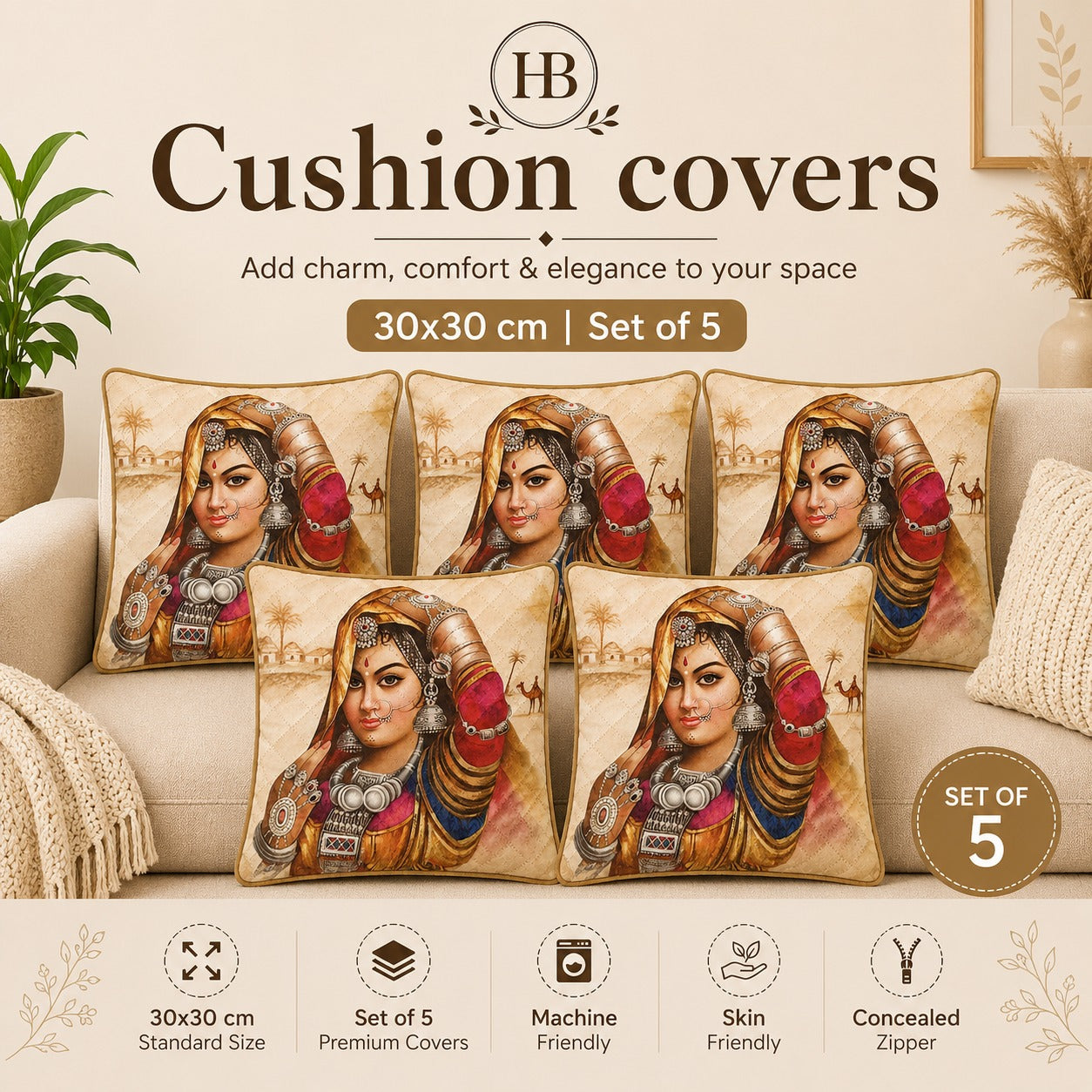 Premium Cotton Cushion Cover Set – 30×30 cm (Set of 5)